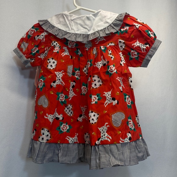 Mayfair Kids Red Dalmatian Dog Rose Plaid Collar Ruffle Dress‎ Sears  2T VTG NEW - Picture 2 of 8